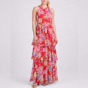 🆕 Jessica Howard Floral Tiered Maxi Dress Size 14 Red Pink Formal Wedding Guest